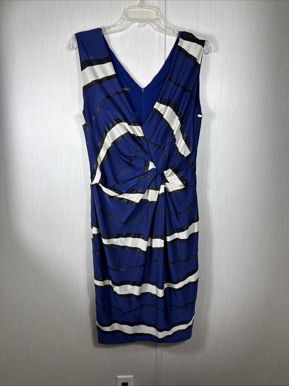 $1.6K ESCADA jersey lined metallic striped Faux wrap dress blue sz 42 10 M